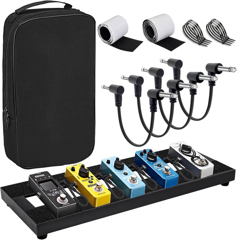 Small Guitar Pedal Board, 15x5.7x1.18", Aluminum Alloy Black Effects Mini Pedal Board with 4 Pcs 6 Inch Guitar Pedal Cable, Carrying Bag, Adhesive Hookside Tape image 1