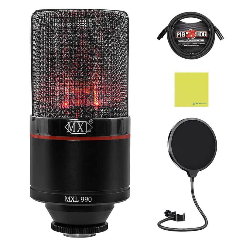 Liquid Audio - MXL 990 Blaze LED Studio Quality Condenser Microphone Bundle w/Pig Hog PHM10 8mm Mic Cable, Pop Filter Polishing Cloth image 1