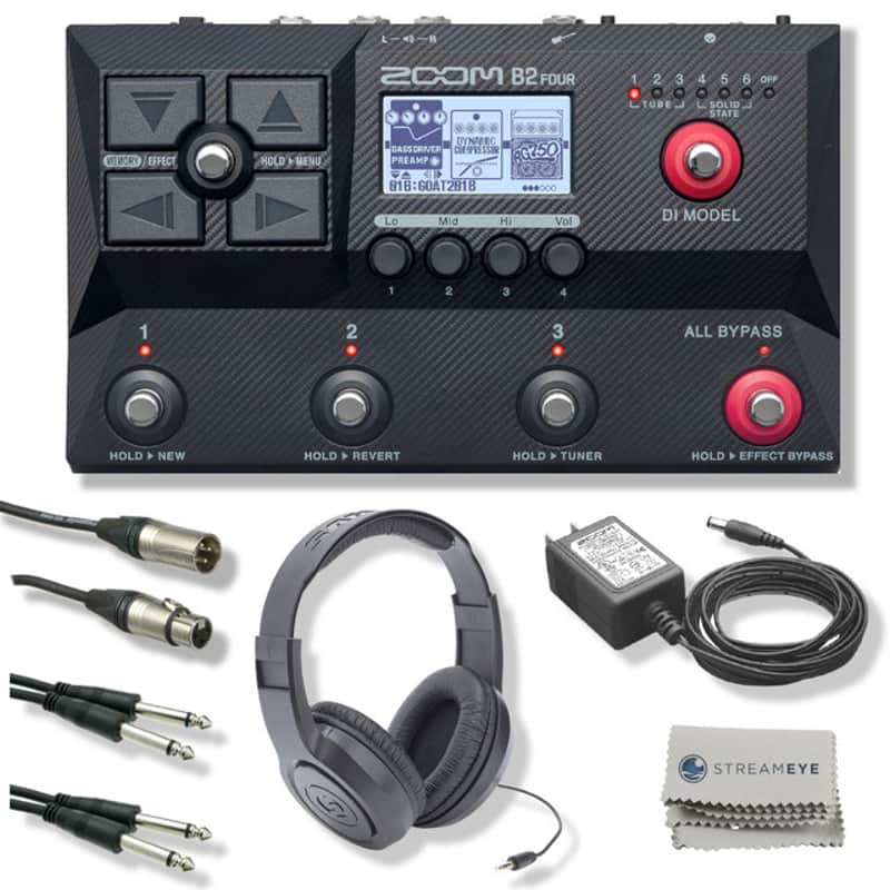 Zoom B2 Four Bass Multi-effects Processor with 104 Effects, Zoom AD-16 Power Supply, Over-Ear Monitoring Headphones, 20' XLR Cable, 2x 25' Instrument Cables and StreamEye Polishing Cloth image 1