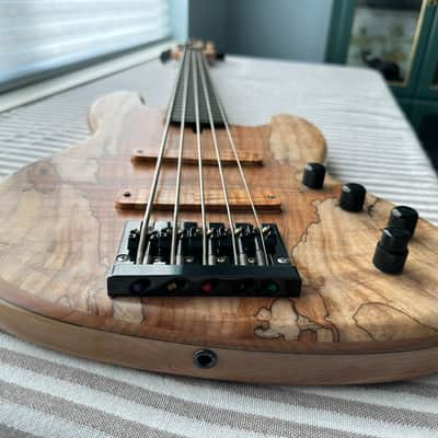 MG Bass MGBASS JB1 SPALTED MAPLE 5-string bass, Made in USA, SPALTED MAPLE top, ASH body, 3-piece MAPLE neck, EBONY fretboard, BARTOLINI pickups and preamp, Italia Leather Straps 4” wide Acorn Amber strap, GATOR hardshell case image 4