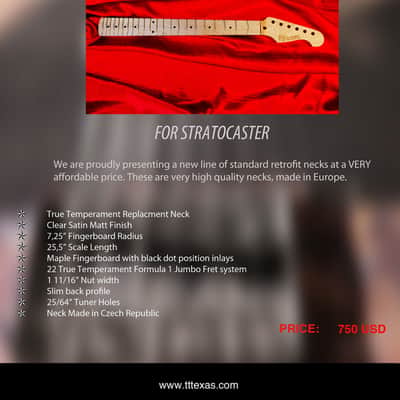 True Temperament Stratocaster retrofit neck with 7,25" Fingerboard Radius, Maple image 2