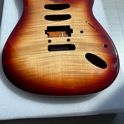 Vibrato system Strat Style Electric Guitar Body - Mahogany Core with 4a Flame Maple Top, Gloss 3-Color Sunburst Finish, S-S-H Pickup Routing, for DIY Build image 6