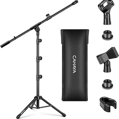 Mic Stand Floor Adjustable - Tripod Boom Arm Microphone Stand with Carrying Bag 2 Mic Clips 3/8" to 5/8" Adapter for Singing Podcast Compatible with Blue Yeti Shure SM58 SM48 Fifine K669B