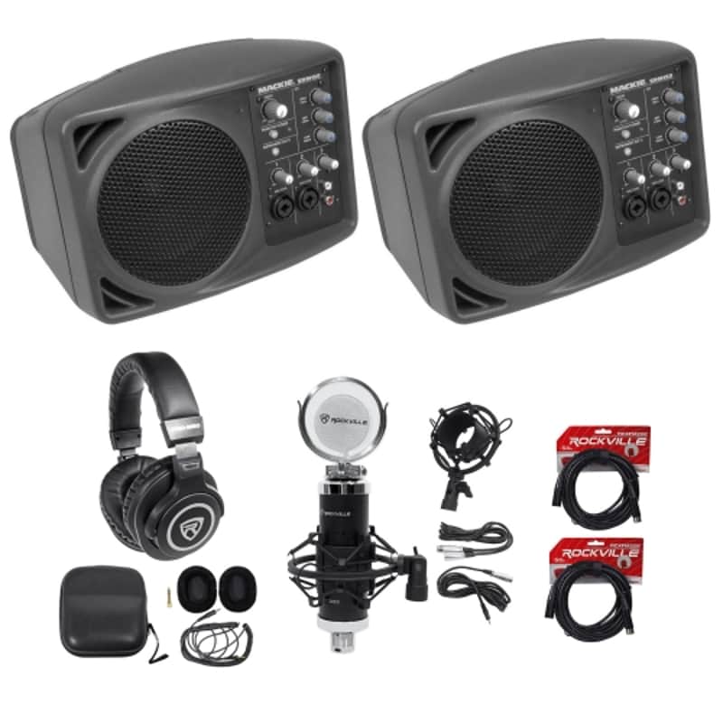 (2) Mackie SRM150 Powered PA Monitor Speakers+Headphones+Studio Mic+XLR Cables image 1