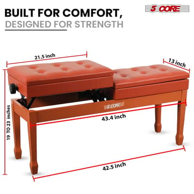 5 Core Duet Piano Bench 3.5 Inch Padded Cushioned Stool Wooden Heavy Duty Musician Chair Height Adjustable Double Keyboard Seat w Storage Nonslip Leg - PNB DT CML BRWN-Camel Brown image 3