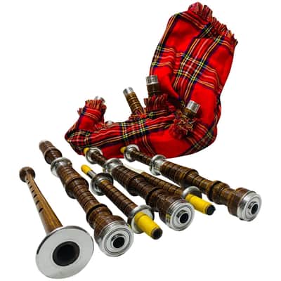 Scottish Highland Bagpipes – Full Silver Mounts, Natural Rosewood Finish with Royal Stewart Cover, Carry Bag & Tutor Book image 1