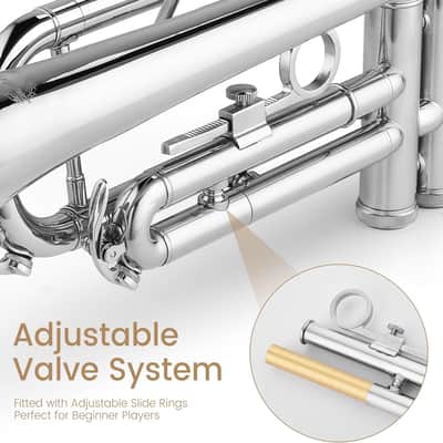 Bb Trumpet for Beginners, Brass Student Trumpet Kit with Case, 7C Mouthpiece, Cleaning Kit, Standard B Flat Instrument - Nickel image 3