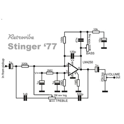 Retrovibe Stinger '77 Classic MM Stingray Bass EQ pre-amp 2 band pre-EB circuit image 4