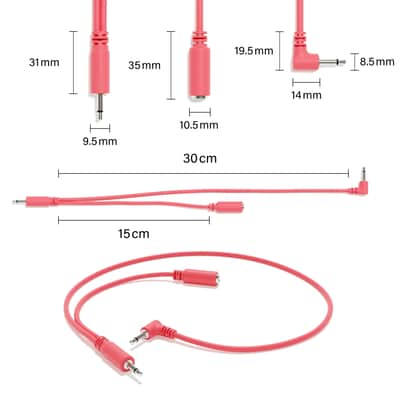 ExcelValley [Peach | 90 cm - 35.43"] 5-Pack - Right Angle Hopscotch Mono Splitter Y Patch Cables TS 3.5mm 1/8" Eurorack Synth image 2