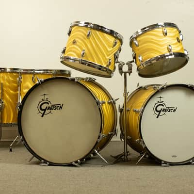 1960s Gretsch Gold Satin Flame "Double Bass" Drum Set image 1