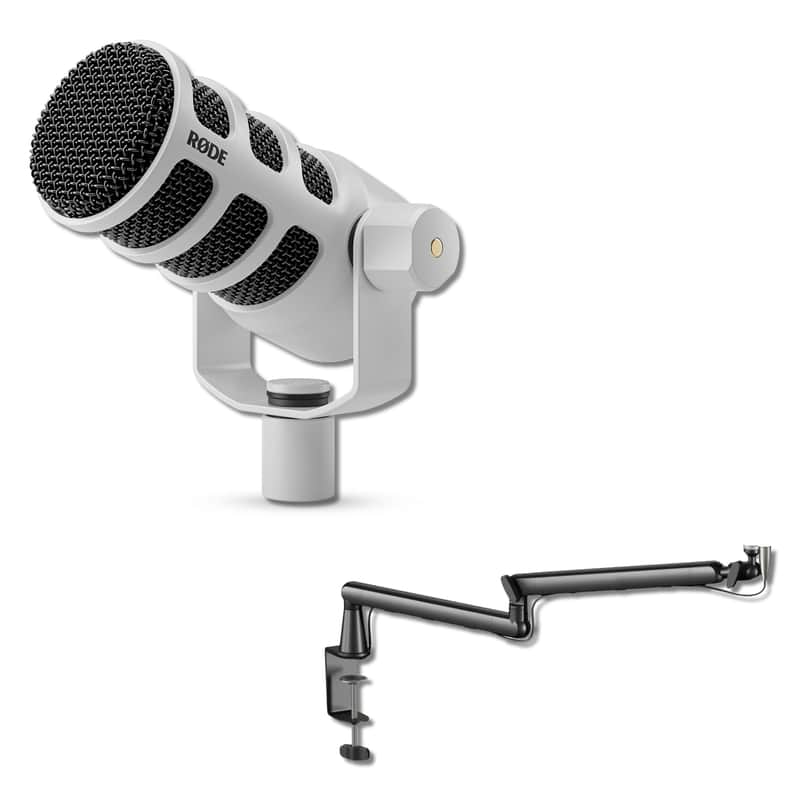 Rode PodMic Cardioid Dynamic Broadcast Microphone (White) with StreamEye LowPro Mic Boom Arm and Professional Grade XLR Cable image 1