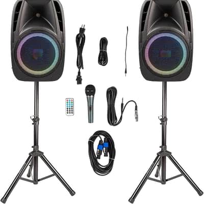 Pair All-in-one 12" Powered 1500W PRO DJ Amplified Loud Speakers with Bluetooth USB SD Card AUX MP3 FM Radio PA System LED Lights Karaoke Mic Guitar Amp 2 Tripod Stands Cable and Microphone image 1