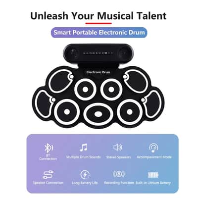 Electric Drum Set 9-Pad Roll-up with Headphones, USB MIDI, and Dual Pedals – Portable Drum Kit with Recording and Game Mode image 2