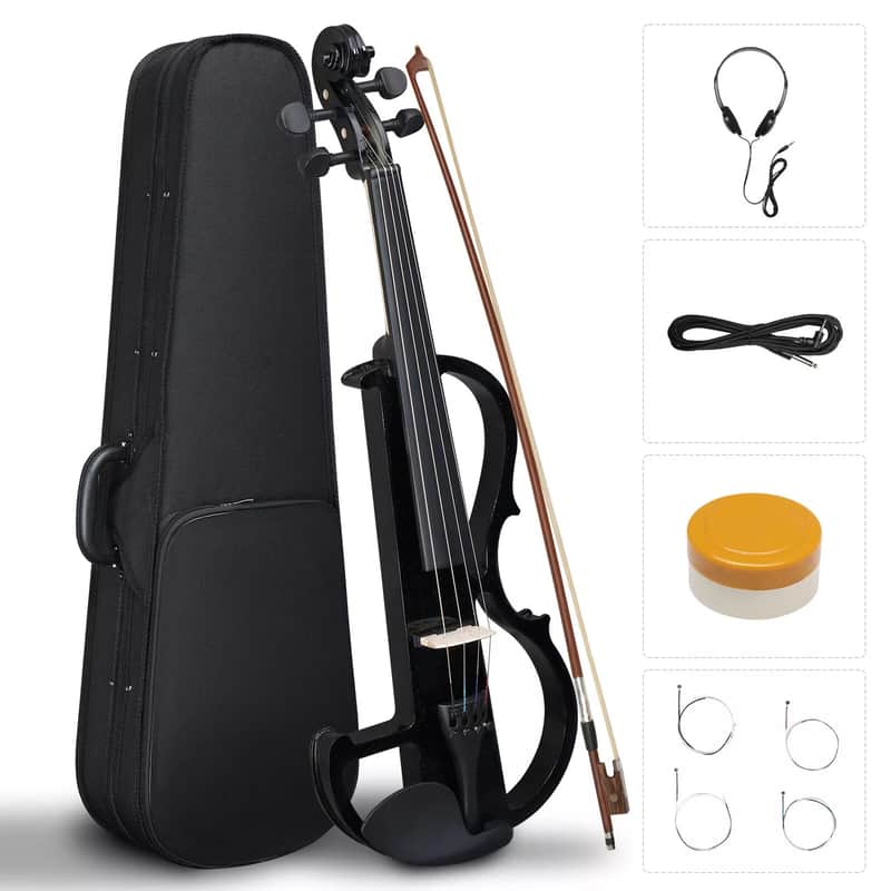 4/4 Full-Size Black Electric Silent Violin Set with Case, Bow, Rosin & Headphones – Professional Practice Instrument image 1