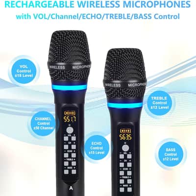Rechargeable Wireless Microphone System 4 Channel, UHF Metal Handheld Wireless Microphones Cordless Mics with Echo Treble BASS VOL Channel Control for Karaoke Singing Church image 3