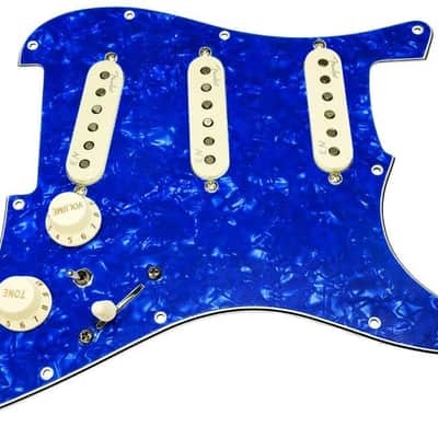 Loaded Strat Pickguard,  Fender N3 Noiseless Pickups, 7-way, Blue Pearl/Aged WH image 1