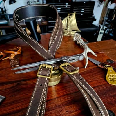 Hand Made, Hand Stitched Guitar strap "Rockatansky" in Elephant & Beige - Vegetable Tanned Leather image 4