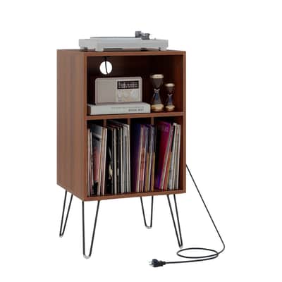 Record Player Stand w/ Charging Station Vinyl Storage Cabinet Turntable Table Holds 70-100 LPs Walnut image 3