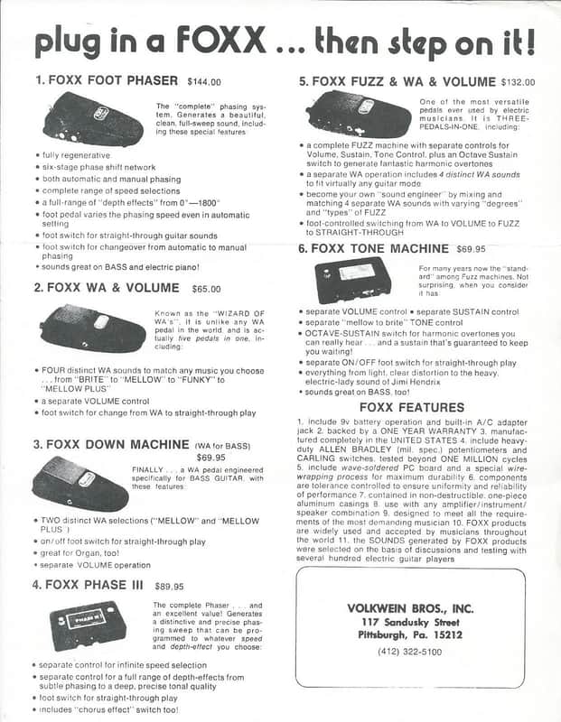 Vintage FOXX Guitar Effect Pedal Brochure 3 Pages RARE TONE WAH FUZZ WAH image 1