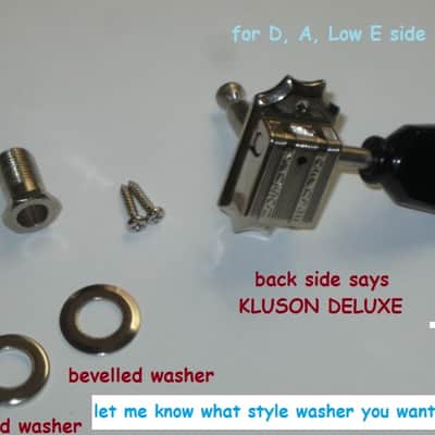 ONE near A+ genuine Gibson (Kluson) Deluxe Vintage Style Tuner for high D, A, low E side - PMMH model but with Black BUTTON (& says KLUSON DELUXE) + screws, washer, & nut with threaded shaft - HARDWARE: Nickel (from 2013 LPJ - NO guitar included) image 22
