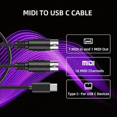 MIDI to USB C Cable, MIDI USB Cable to Type C with Input&Output Compatible with MIDI Keyboard/Synthesizer/MIDI Controller, Work with iOS/Android/Windows/Mac OS -6.5Ft, Black image 2