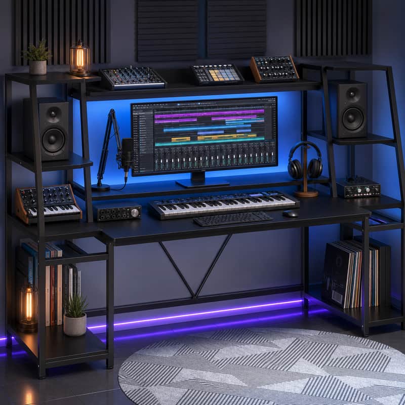 78.8" Music Studio Desk with LED Lights – Large Producer Workstation with Hutch, Monitor Stand & Gear Shelves image 1