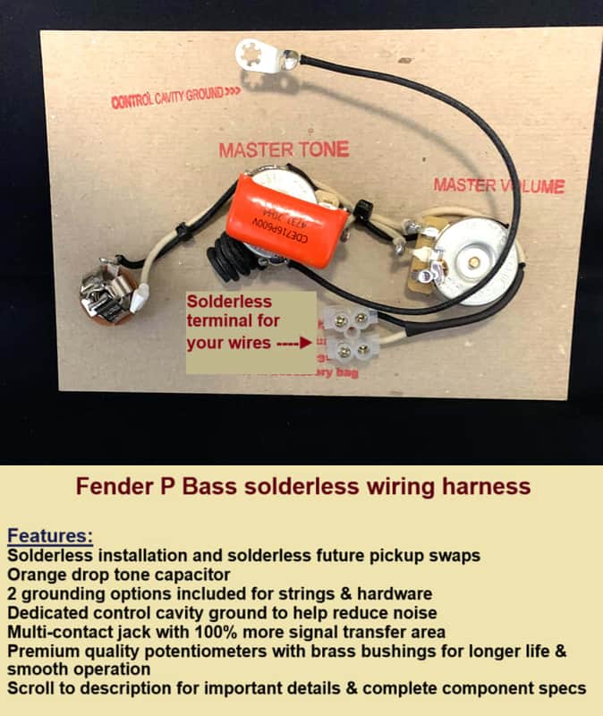 Fender P- Bass  Solderless Wiring Harness - Vintage spec Tone Cap- Premium Components image 1