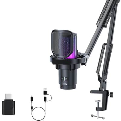 Pro Wireless USB Condenser Gaming for PC, PS4, PS5, USB C Phone and Mac, Boom Arm RGB Computer Mic for Twitch, Streaming, Podcasting, Noise Cancellation Mic with Mute, Gain, Monitoring image 1