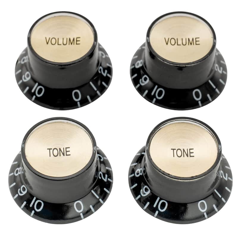 Metric Size Guitar Reflector Knobs Top Hat Bell 2 Volume 2 Tone Knob Set for Epiphone Les Paul SG Electric Guitar Asia Import Guitar Bass Split Shaft Pots, Black with Gold Top image 1