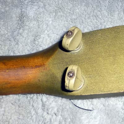 Vintage 1920s Harmony made Montgomery Ward Metal Shell Banjo Ukelele Original Gold Paint,Tuners, Nut, Top Skin Head, Adjustment Key, Banjo Uke image 4