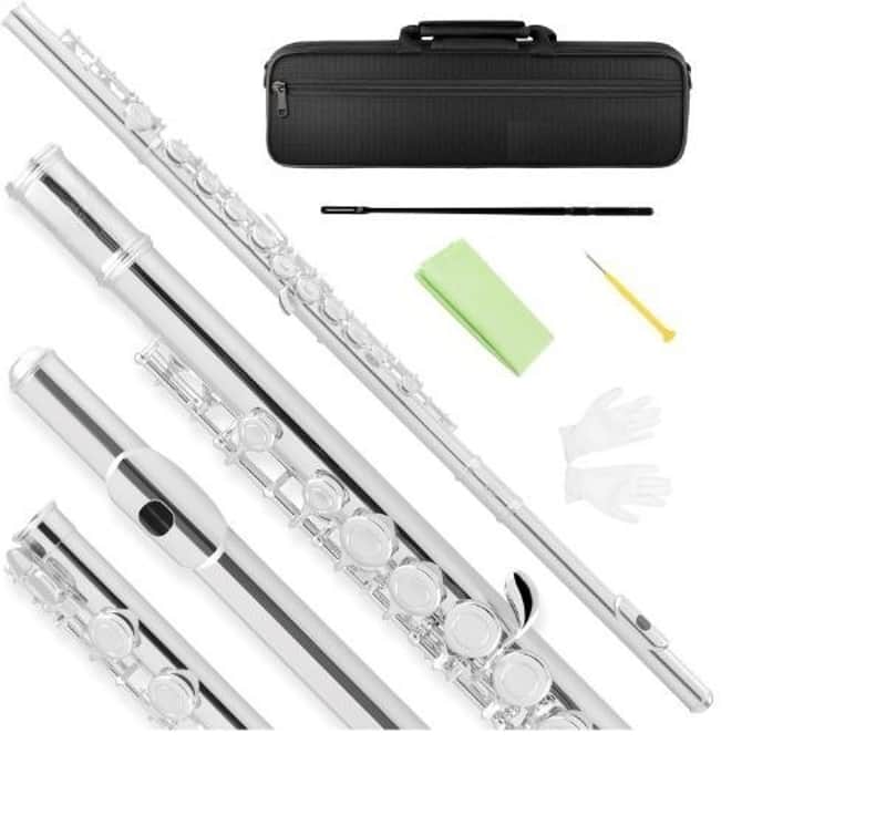 Closed Hole 16 Keys Flute, Silver-plated C Flutes for Beginner Student, Flute Instrument with Cleaning Kit, Carrying Case, Gloves, Tuning Rod image 1