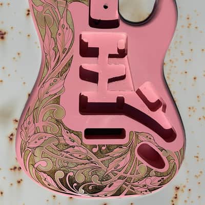 Custom Laser Engraved Pink Fender Strat Guitar Body with Pink Mirror Acrylic Pickguard & Tremolo Cover HSH, HSS, SSS Setups Available image 4