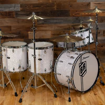 SLINGERLAND BUDDY RICH 5 PIECE SIGNATURE DRUM KIT No.2, NASHVILLE BUILT WITH FULL HARDWARE PACK AND SOLID SHELL SNARE DRUM, WHITE MARINE PEARL (PRE-LOVED) image 4