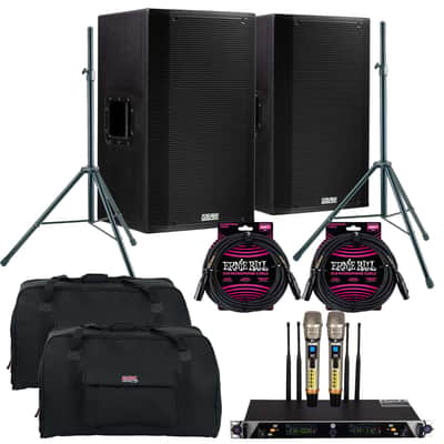 (2) EAW LA151 - 15″ 1500W 2-Way Active Speaker, PSG Wireless Mic UGX21II, (2) Speaker Stand, (2) Gator Tote15, (2) ErnieBall XLR Cables Bundle image 1