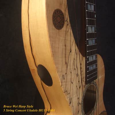Handmade 5 String Harp Style Concert Ukulele, Solid Spalted Curly Maple, Taiwania , MOP Inlay, Bruce Wei HU15-2004 image 4