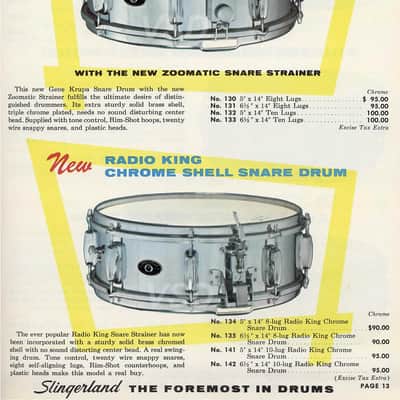 Slingerland No. 141 Radio King 5x14" 10-Lug Chrome Over Brass Snare Drum 1970-1972 - Chrome image 9