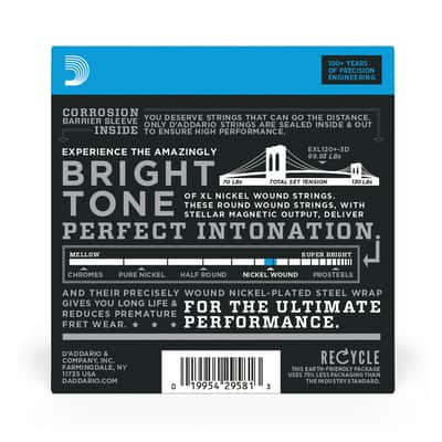 D'Addario EXL120+-3D 3-Pack EXL120+ Nickel Wound Electric Guitar Strings, Super Light Plus, 9.5-44 image 6