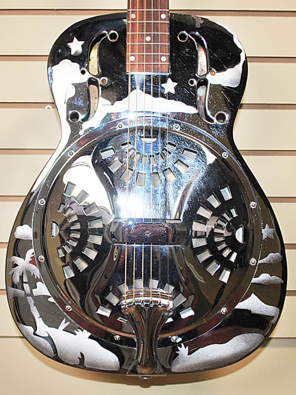 1995 Dobro USA DM-33H DM33H Chromed Brass Resonator Round Neck Guitar w Etched Hawaiian Motif Excellent Condition w OHSC and Booklet. image 1
