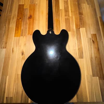 1997 Epiphone Rivoli Bass – Ebony Black Semi-Hollow, Cream Binding, Excellent Condition + Custom Strap & New Case image 3