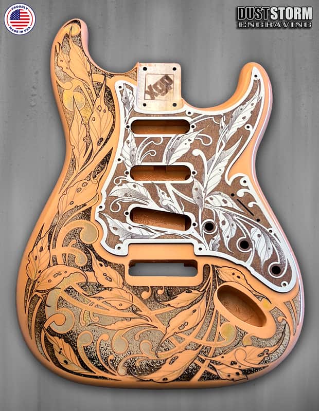 Atlantic Coral XGP Stratocaster Style Laser Engraved Guitar Body with Cherry Wood Veneer Pickguard and Tremolo Cover HSH, HSS, SSS Setups Available image 1