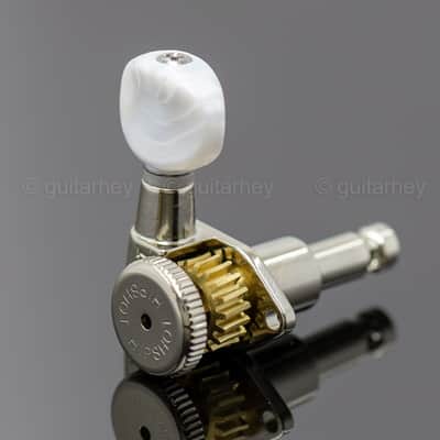 NEW Hipshot LOCKING Tuners 6 in line STAGGERED w/ SMALL PEARL Buttons - NICKEL image 4