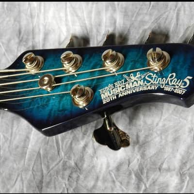 Ernie Ball MusicMan BFR StingRay 5H 20th Anniversary Tahitian Quilt. #6 of 10 StingRay 5H 2007 Tahitian Blue Quilt-Matching Headstock-Tahitian Blue Birdseye Neck image 6