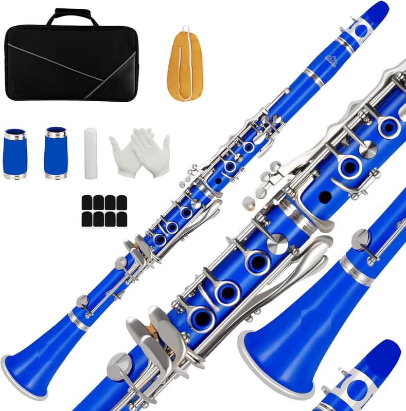 Bb Flat Clarinet - Nickel Keys, Blue, Beginner with Hard Case and Cleaning Kit image 1