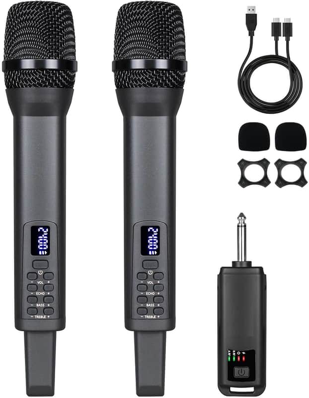 Rechargeable Wireless Microphones Dual, Pro Handheld Cordless Mics System Dynamic with Echo Treble BASS VOL Control for Karaoke Singing Church Party, 1/4'' Output image 1