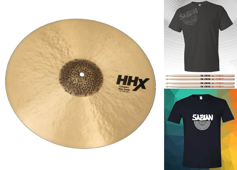 Sabian *Pre-Order* HHX 17" Complex Thin Crash Natural Finish Cymbal +Shirt & Sticks Bundle Pack Special Order Authorized Dealer image 1