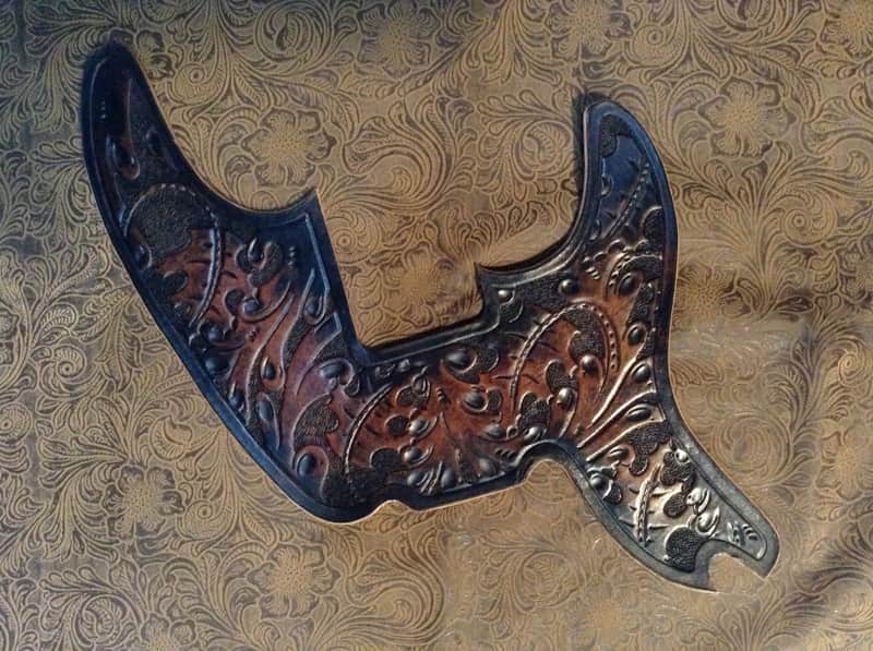 Custom Tooled Leather Pickguard fits Fender 50's Squire Bass image 1
