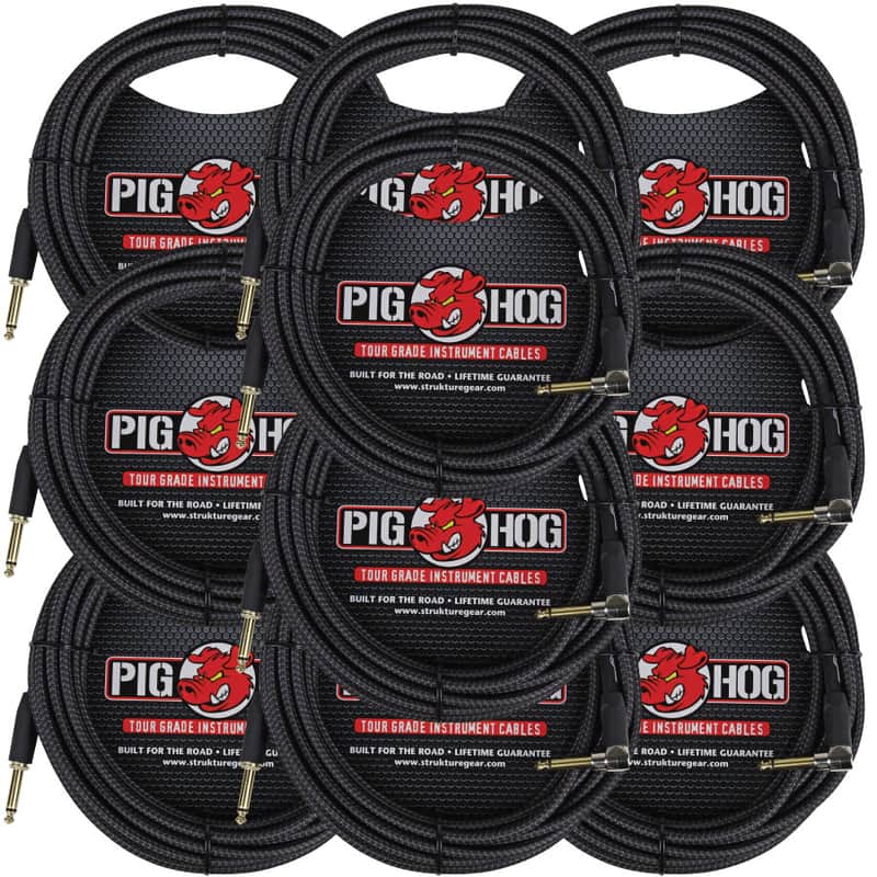 10 Pack Pig Hog PCH20BKR Black Woven ¼” TO ¼” Right Angle Instrument Cable, 20ft image 1