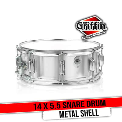 GRIFFIN 14" x 5.5" Steel Snare Drum (MetalPRO Edition) – Chrome Shell with 8 Lugs, Throw Off Strainer, White Head & Drum Key – Percussion Instrument Kit image 1