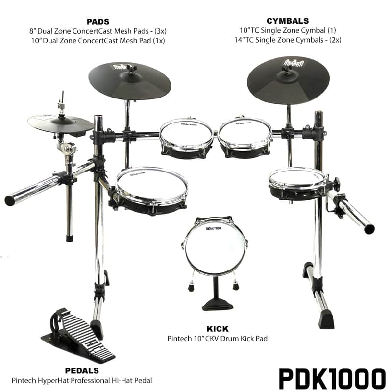 Pintech Pintech PDK1000 Electronic Drum Kit - Kit Rack Setup With TC Cymbals - TC Cymbals Standard image 1