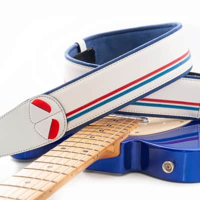 RightOn! Mojo Race‑60 White Vegan Guitar Strap – Clean Racing Stripe Style image 1